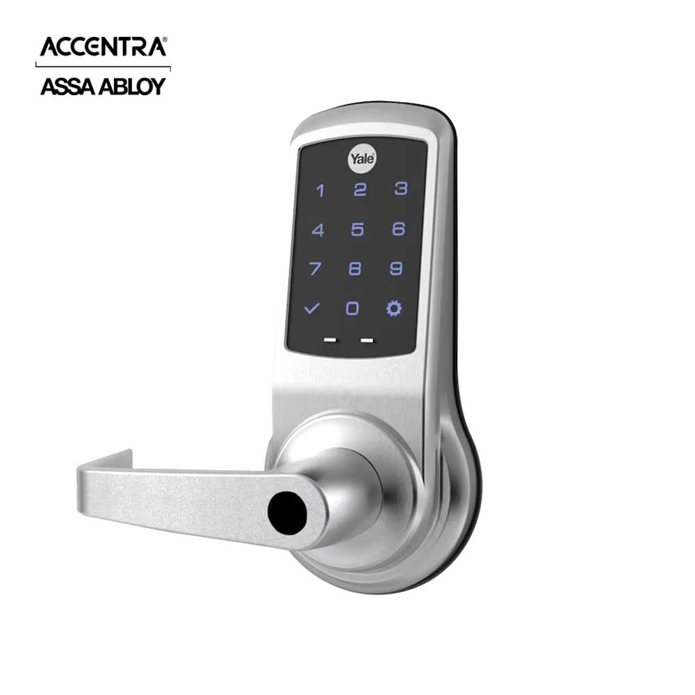 ACCENTRA - NexTouch - Commercial Electronic Keypad Cylindrical Lock with Augusta Lever and Capacitive Touchscreen - Less Conventional Cylinder - 2-3/4 Backset - Grade 1 - 626 (Satin Chrome)