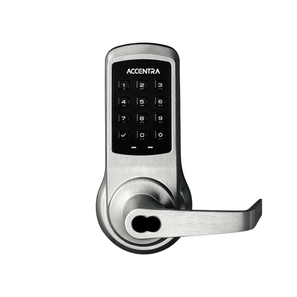ACCENTRA - NexTouch - Pushbutton Keypad Cylindrical Lock - No Deadbolt with Cylinder Override - SFIC Prep, Less Core - Augusta Lever - 626 (Satin Chrome)