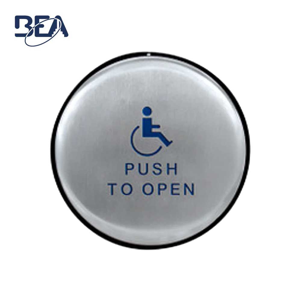 BEA - 10EMR61 - Panther Family 6 Inch Round Push Plate - Assembly with Blue Handicap Logo (Push to Open) & Text - Slim Profile