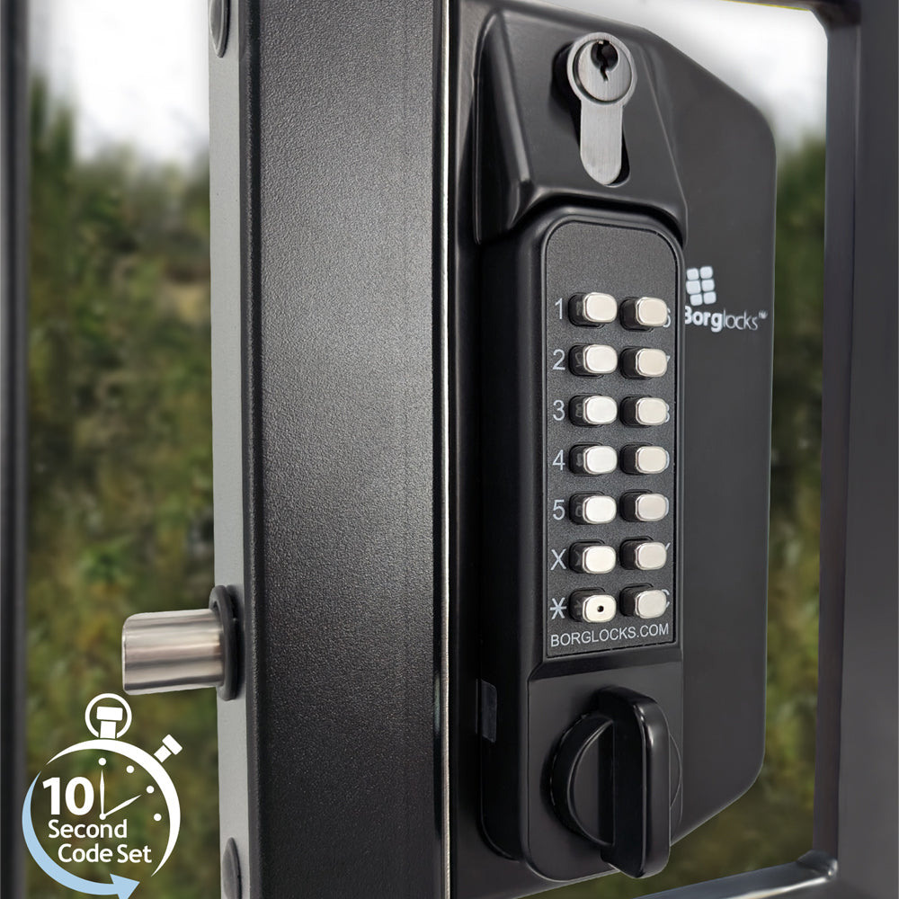 BorgLocks BL3100-ECP Metal Gate Lock with Anti-Climb Thumb Turn ECP Keypad, 2-9/16" - 3 1/8" Latchbolt and Inside Holdback Paddle Handle