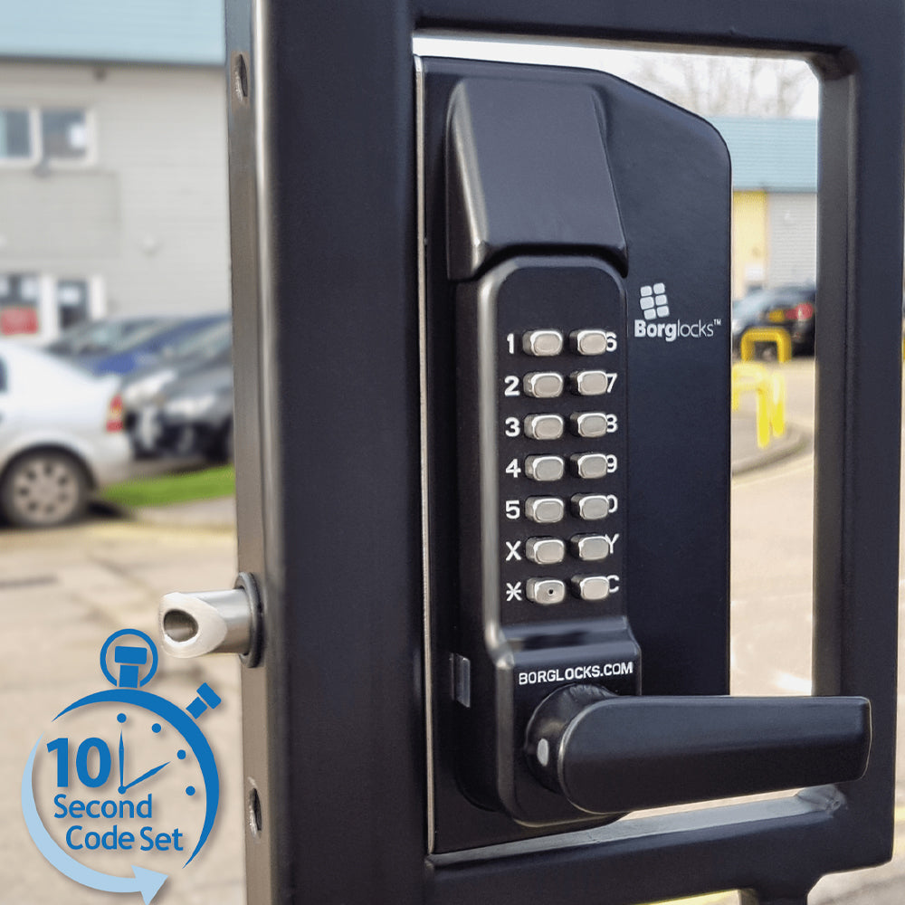 BorgLocks BL3400-ECP Metal Gate Lock with Free Turning Lever ECP Keypad, 2-9/16" - 3-1/8" Latchbolt and Inside Holdback Lever Handle