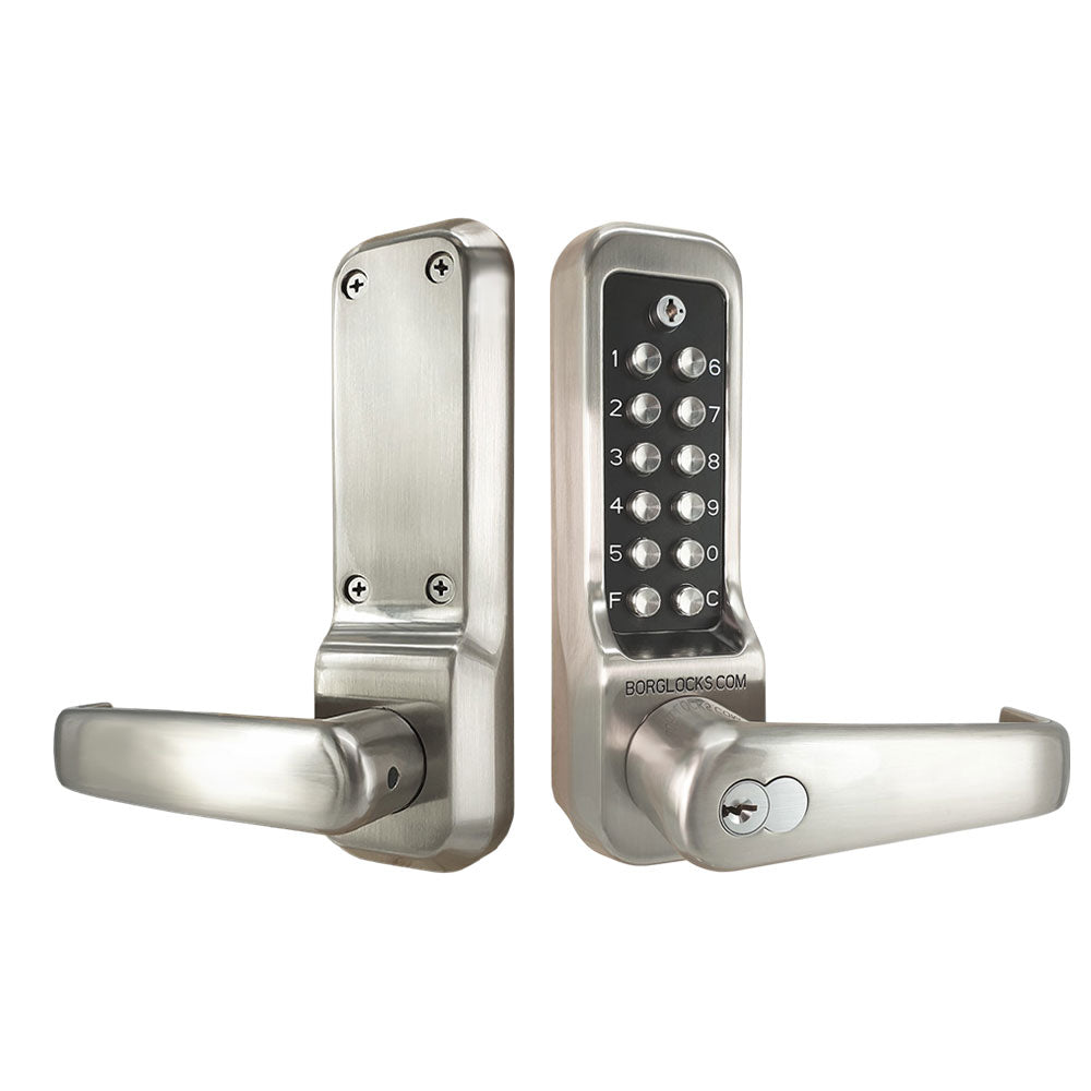 BorgLocks BL7701 ECP Heavy Duty Lever Turn Keypad with Tubular Latch - Key Override and On-Door Code Change - Satin Chrome