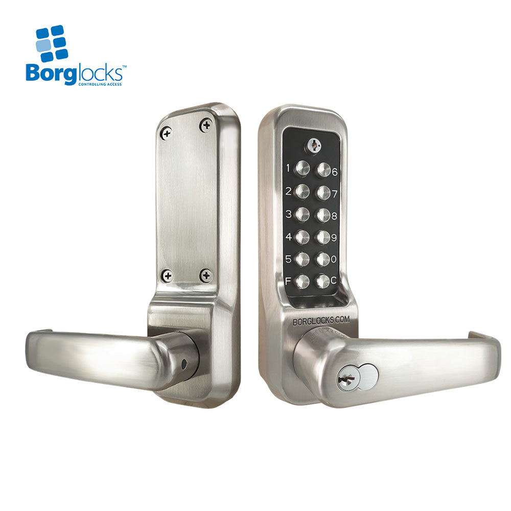 BorgLocks BL7701 ECP Heavy Duty Lever Turn Keypad with Tubular Latch - Key Override and On-Door Code Change - Satin Chrome