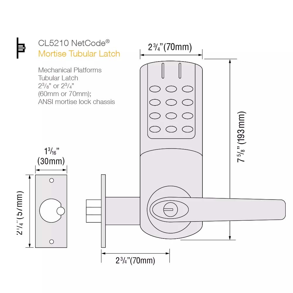 Codelocks CL5210 NetCode Heavy Duty Electronic Tubular Mortise Latch Lock