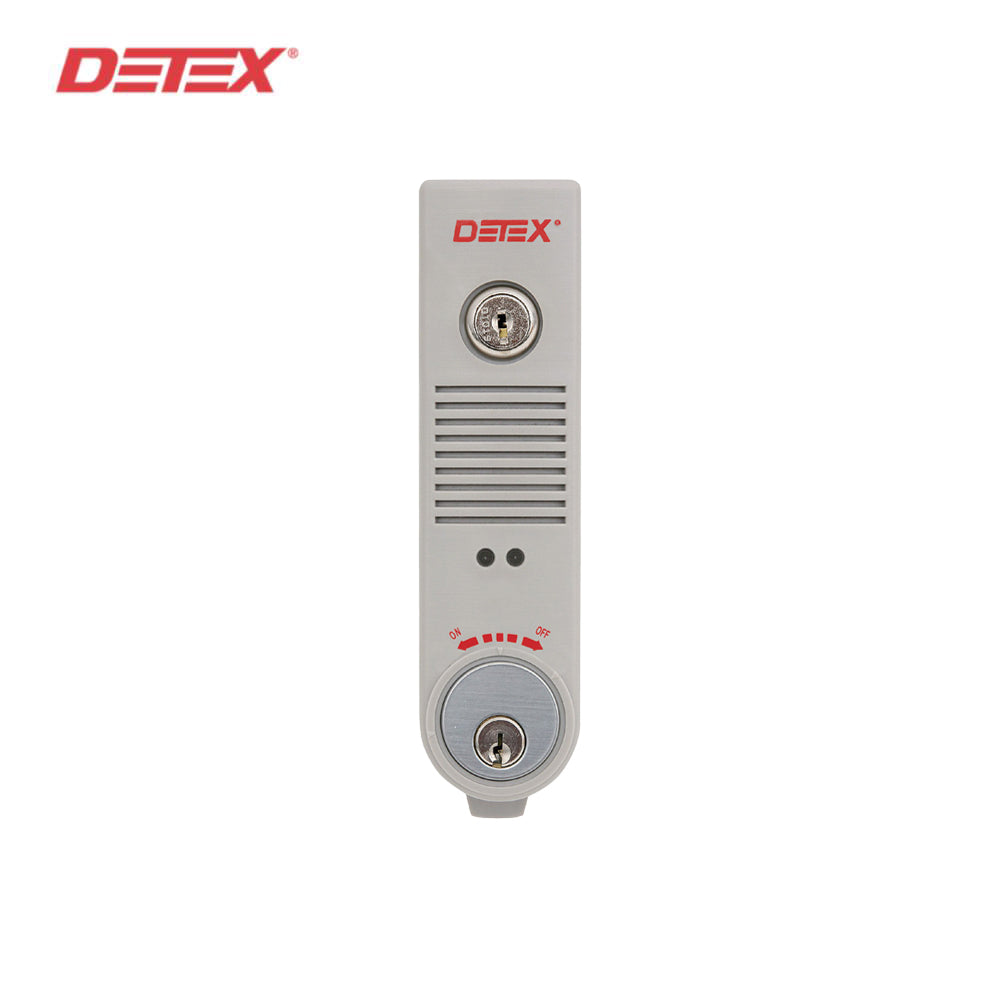 Detex - EAX-500 - Battery Powered Surface Mount Alarm in Gray Finish with 1" Satin Chrome Colored Mortise Cylinder