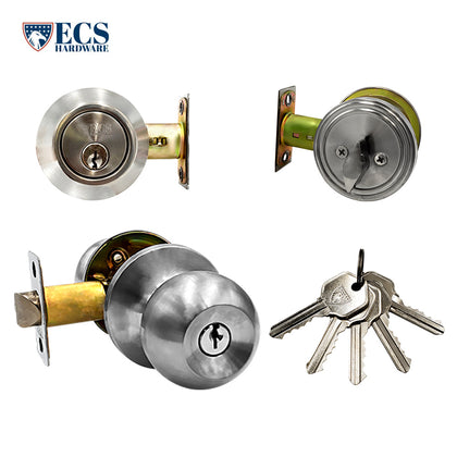 ECS HARDWARE - Durable Combo Lockset w/ Single Knob & Deadbolt - Entrance - Stainless Steel - Grade 3 (KW1)