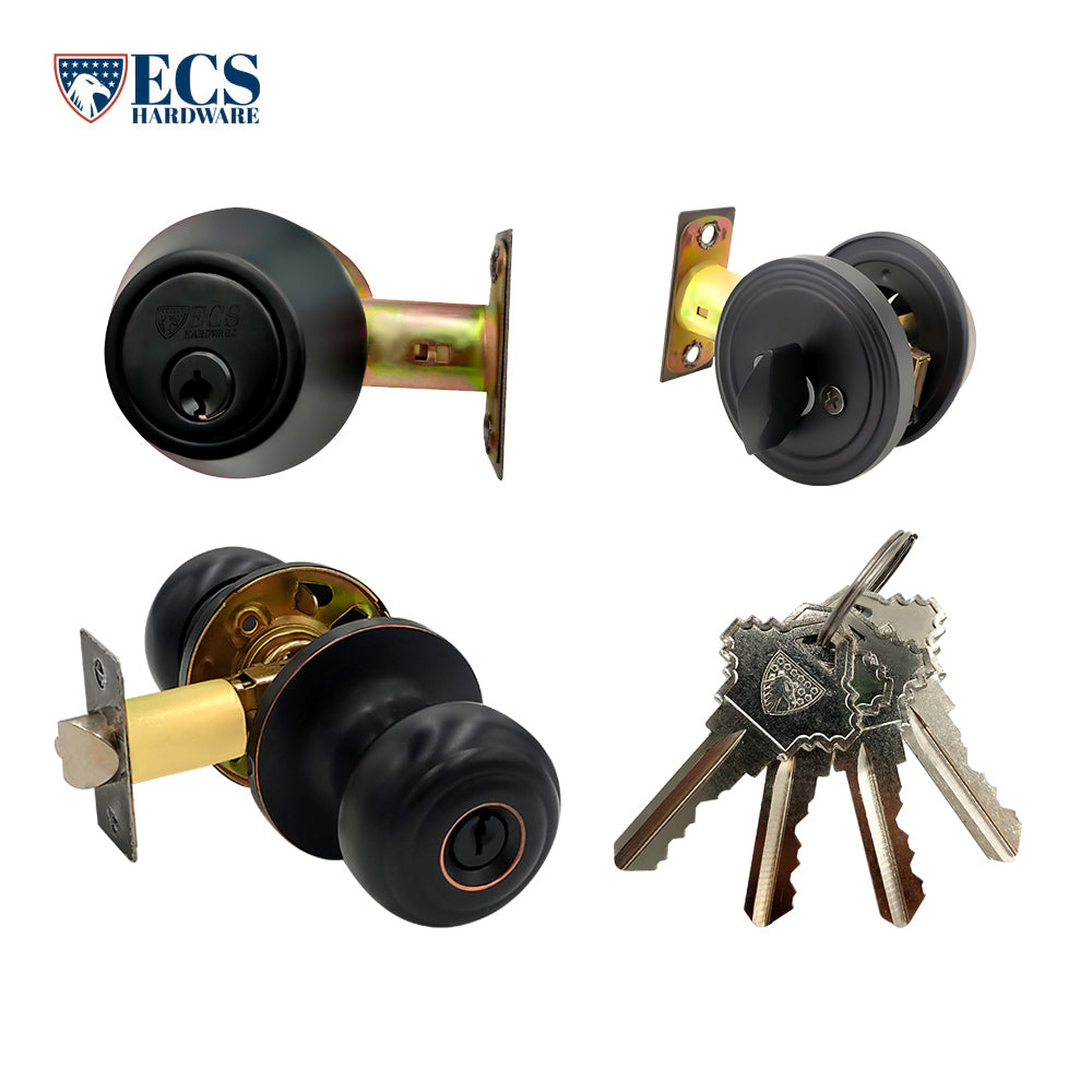 ECS HARDWARE - Durable Combo Lockset w/ Single Knob & Deadbolt - Entrance - Oil Rubbed Bronze - Grade 3 (SC1)