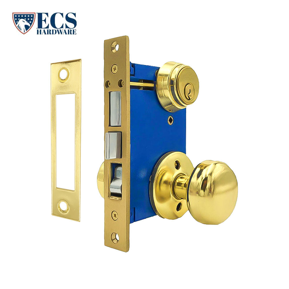 ECS HARDWARE - Durable Mortise Lockset Gate Lock with Knob US3 Gold SC1 Keyway - Double Sided - Left Handed
