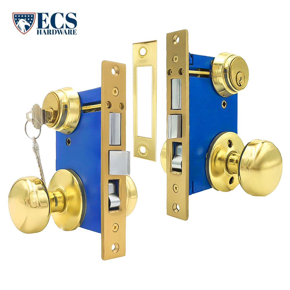 ECS HARDWARE - Durable Mortise Lockset Gate Lock with Knob US3 Gold SC1 Keyway - Double Sided - Left Handed