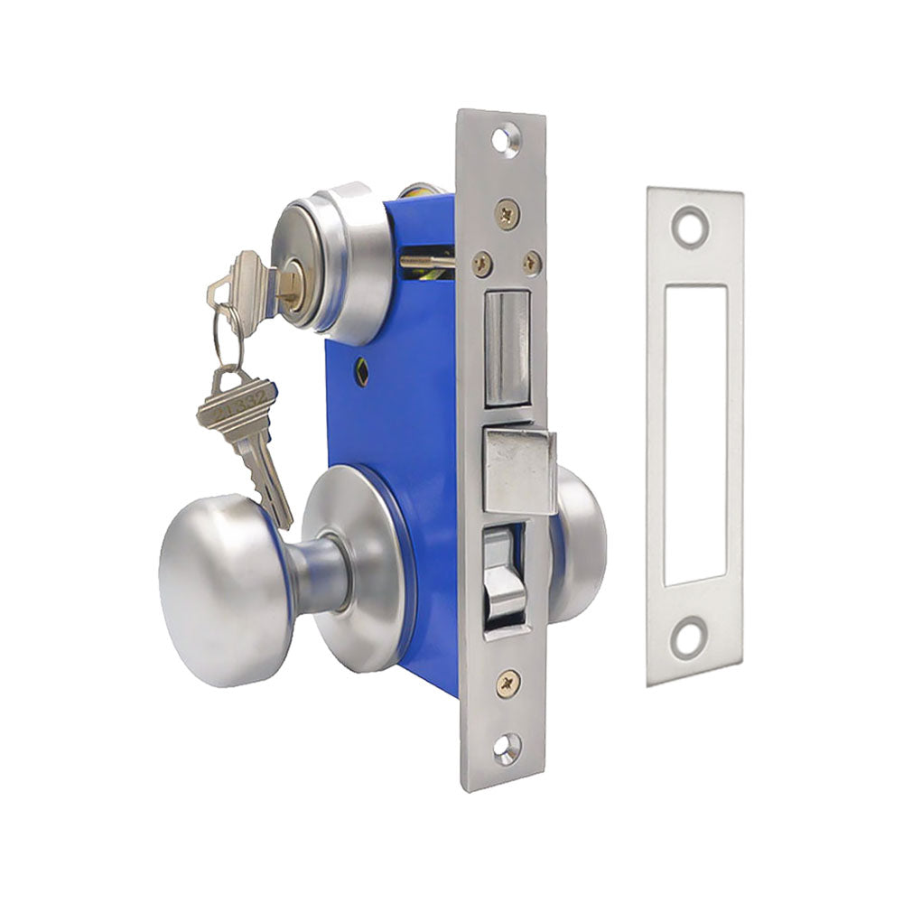 ECS HARDWARE - Durable Mortise Lockset Gate Lock with Knob US26D Silver SC1 Keyway - Double Sided - Left Handed