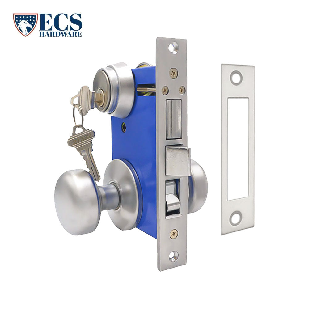 ECS HARDWARE - Durable Mortise Lockset Gate Lock with Knob US26D Silver SC1 Keyway - Double Sided - Left Handed