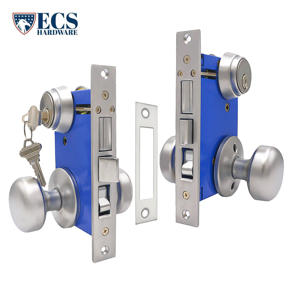 ECS HARDWARE - Durable Mortise Lockset Gate Lock with Knob US26D Silver SC1 Keyway - Double Sided - Left Handed