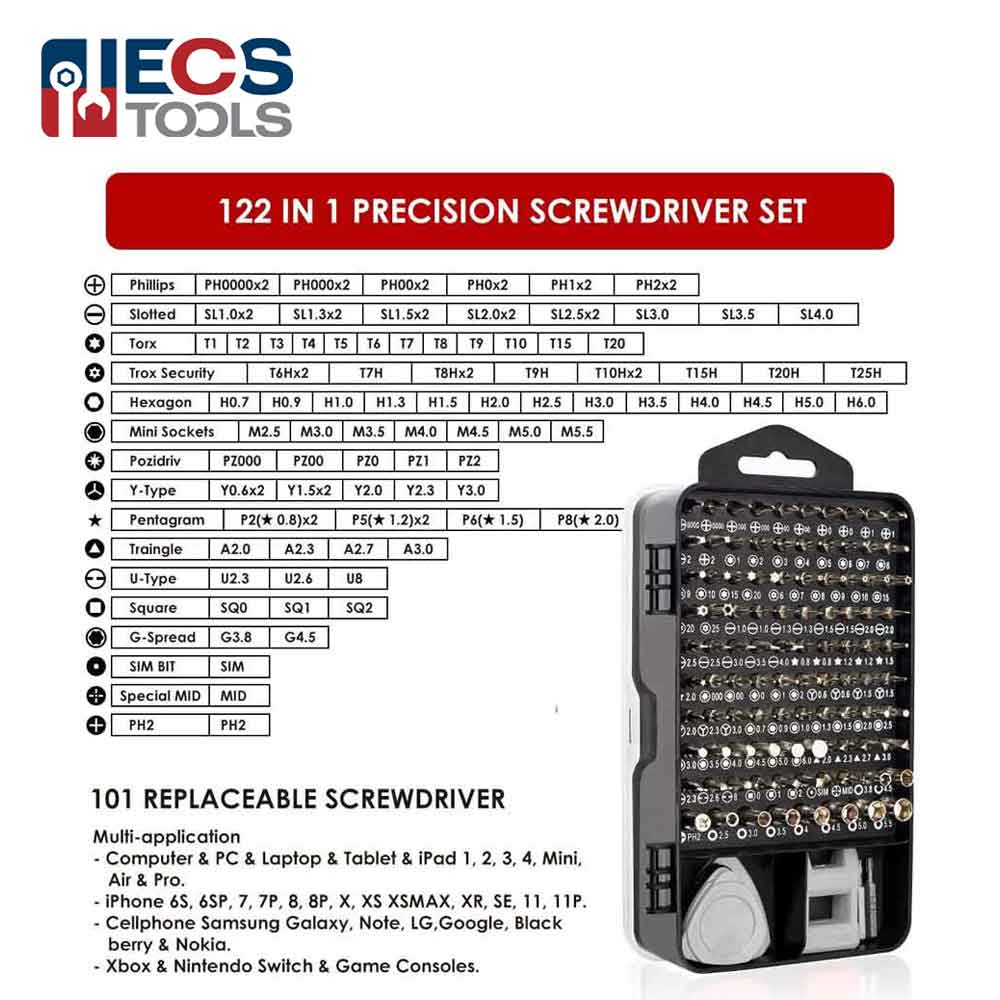 ECS TOOLS - MT-T122 - 122 in 1 Magnetic Screwdriver Set with Flexible Shaft Extension Rod