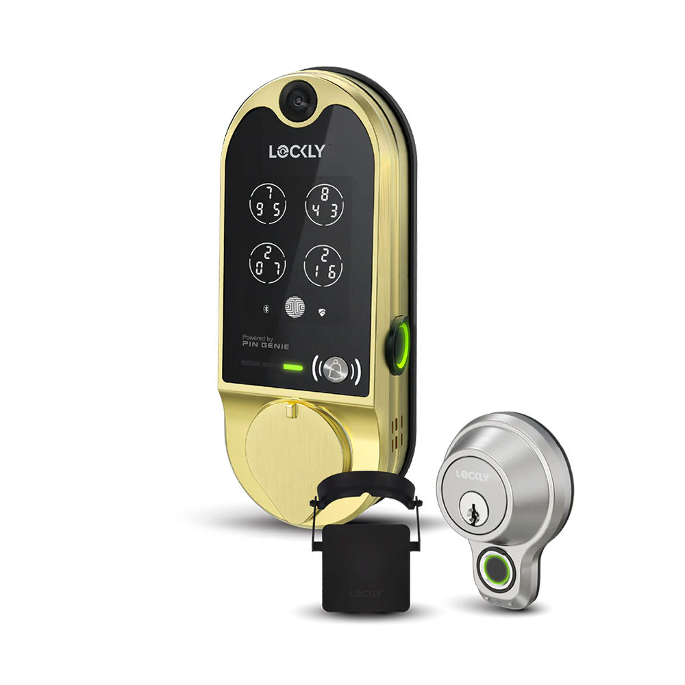 Lockly Vision Video Smart Lock (Brushed Gold) with Access Touch Pro Fingerprint Deadbolt and Touchscreen Cover (Matte Black)
