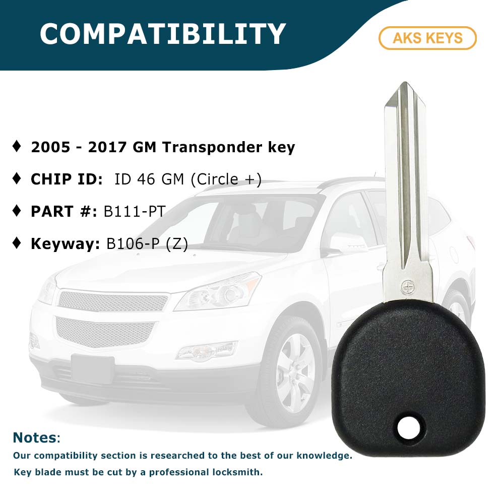 2005 - 2017 GM Transponder key - ID46 - Chip (Circle+) - Z Keyway - B111-PT (2 Pack)