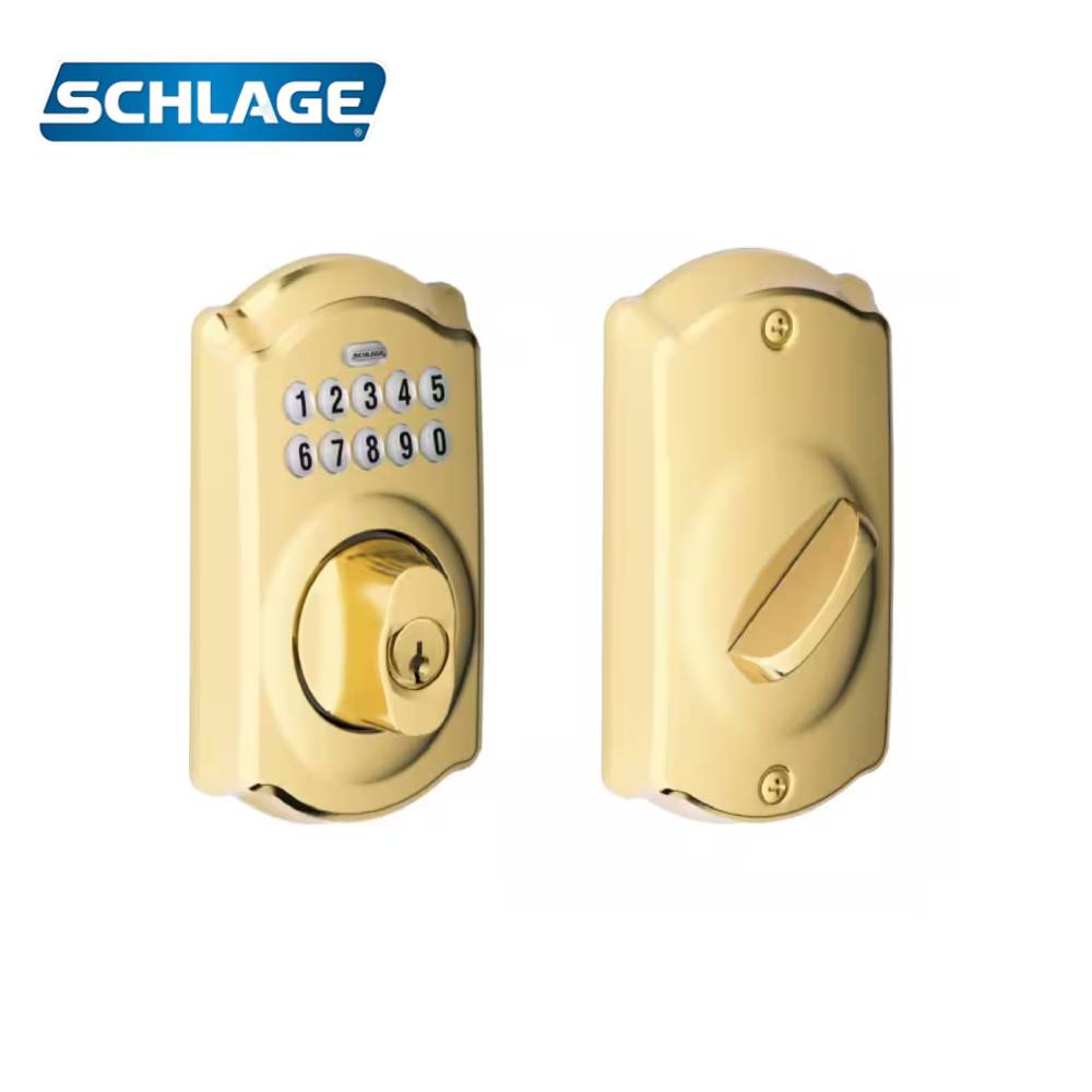 Schlage - BE365 - Pushbutton Deadbolt Lock - Camelot Trim - Grade 2 - Lifetime Brass Finish