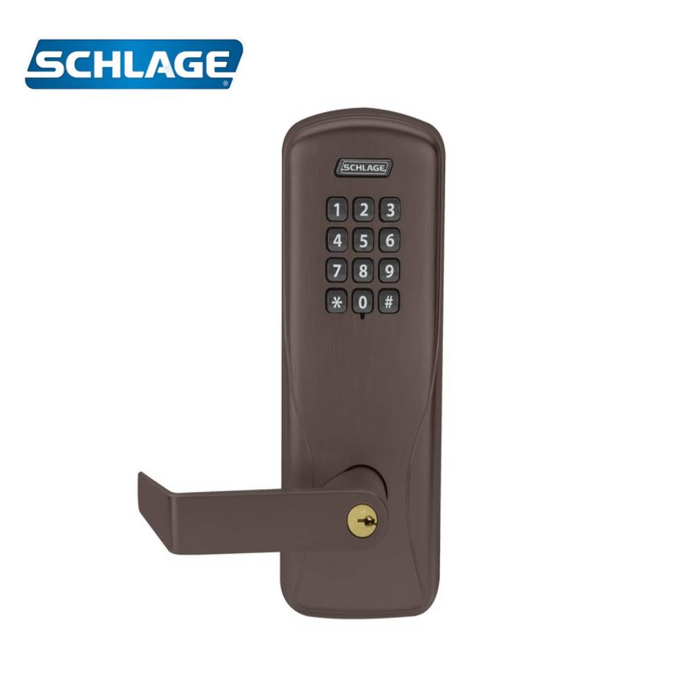 Schlage - CO-100 - Standalone Electronic Cylindrical Lock with 2-3/4 Backset and T - Standard ANSI Strike - Rhodes Lever - S123 Keyway - Grade 1 - 643E (Aged Bronze Finish)