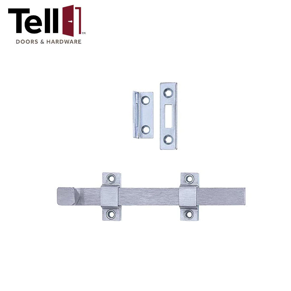 TELL DT100017 Door Surface Bolt - Solid Brass Material - 8" - Satin Chrome (US26D)