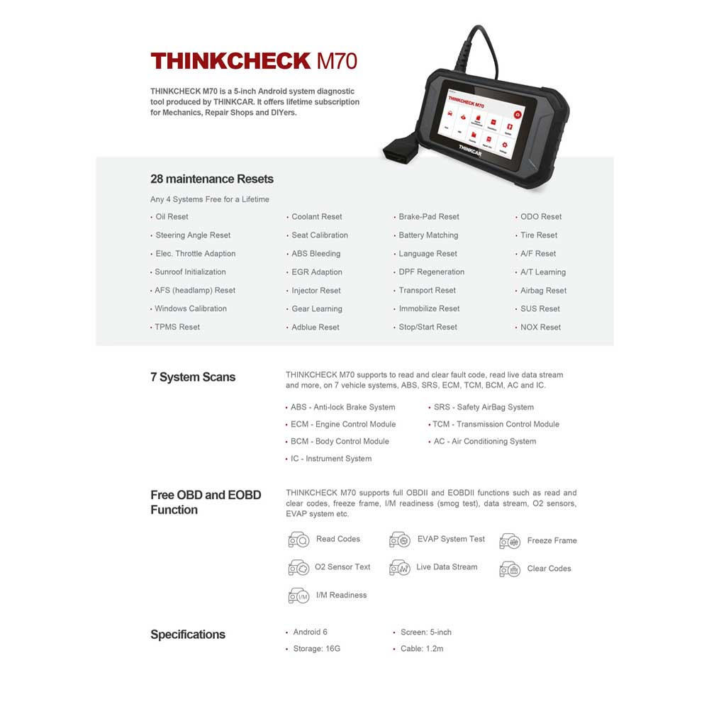 THINKCAR THINKCHECK M70 - 5 inch Professional OBD2 Scanner Car Code Reader Vehicle Diagnostic Tool
