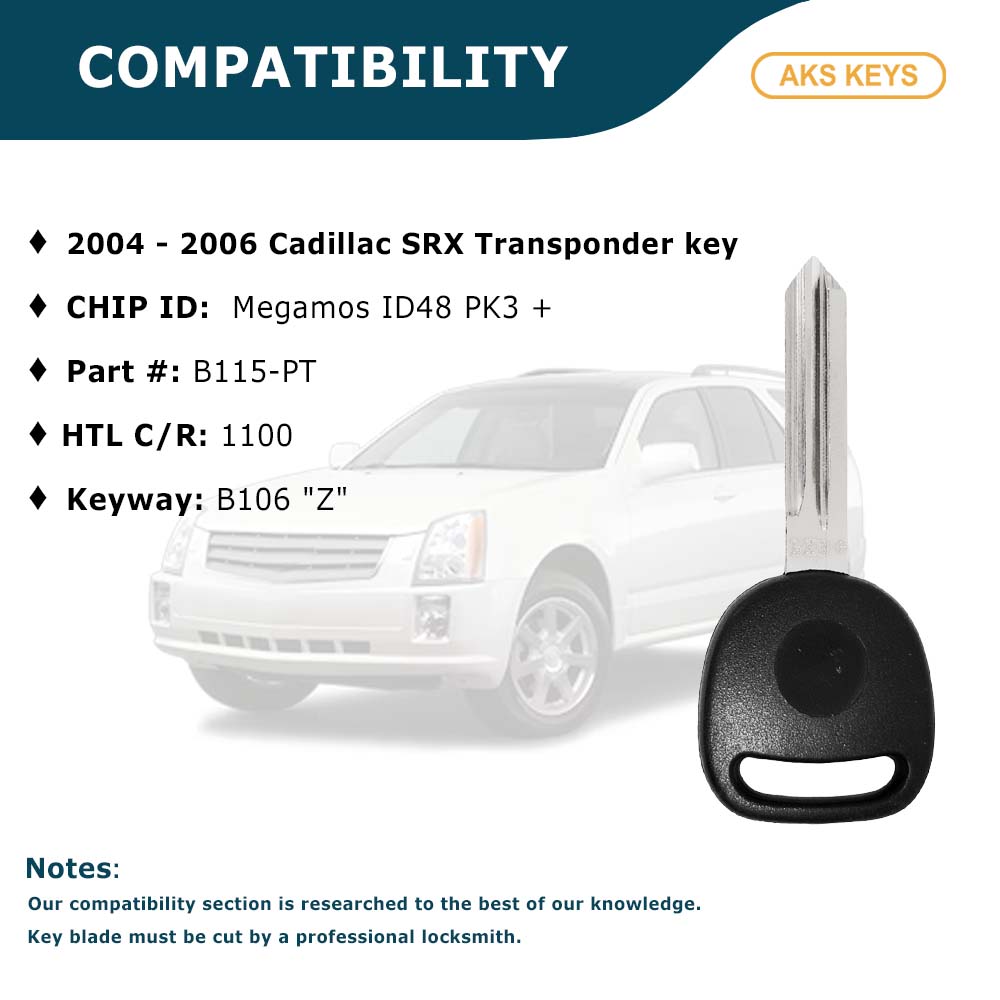 2004 - 2006 Cadillac SRX Transponder key - ID48 Chip (PK3+) - Z Keyway - B115-PT (2 Pack)