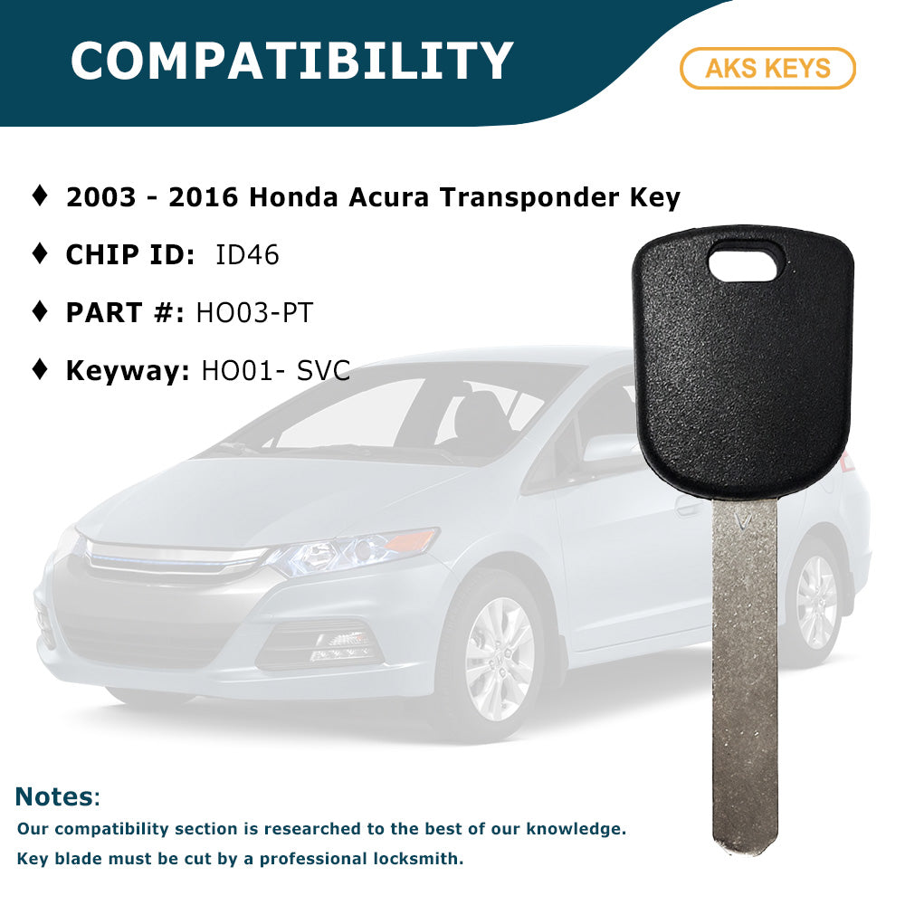 2003 - 2016 Honda Acura Transponder Key - ID46 Chip "V" - HO03-PT (2 Pack)