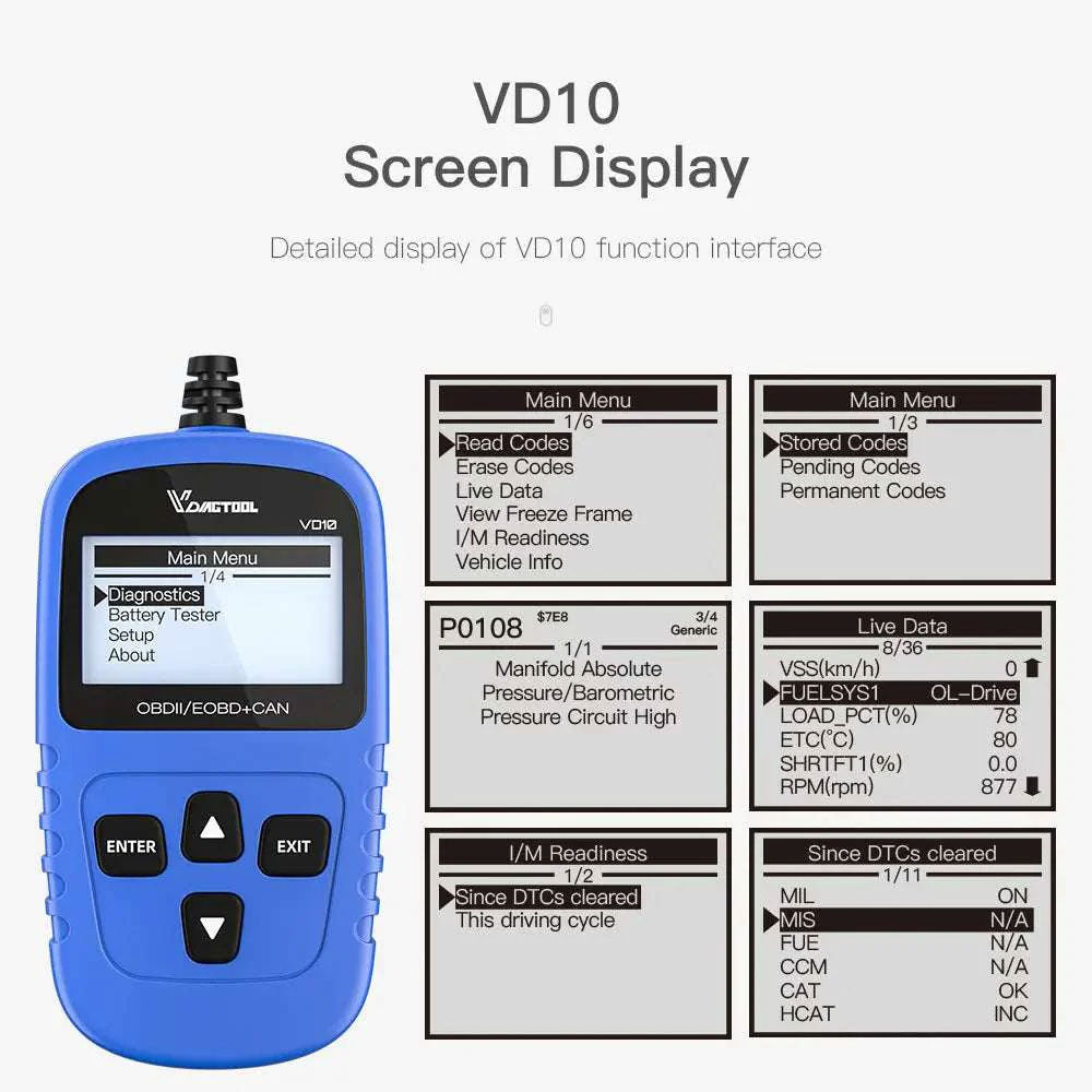 VDIAGTOOL VD10 OBD2 Scanner for Check Engine Light, Live Data, I/M Readiness, Plug & Play Code Reader