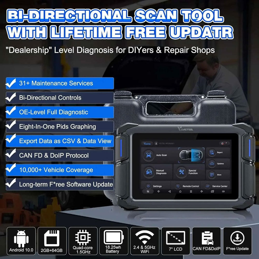 VDIAGTOOL VD70 Lite Bidirectional Scan Tool - All System Diagnostics, 31+ Reset Functions, CAN FD & DoIP