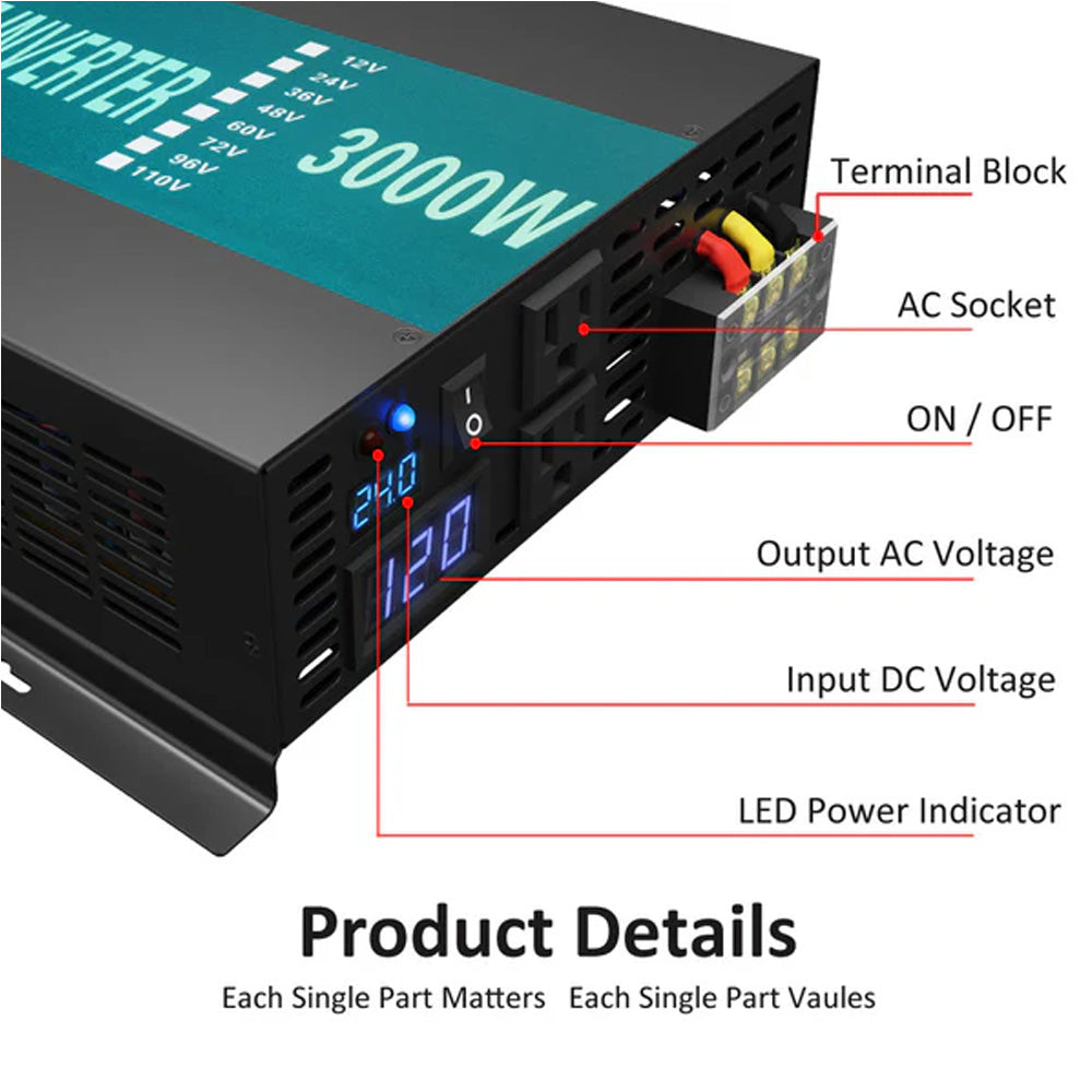 RBP - 12VDC to 120VAC 3000W Pure Sine Wave High Frequency Off Grid Solar Power Inverter