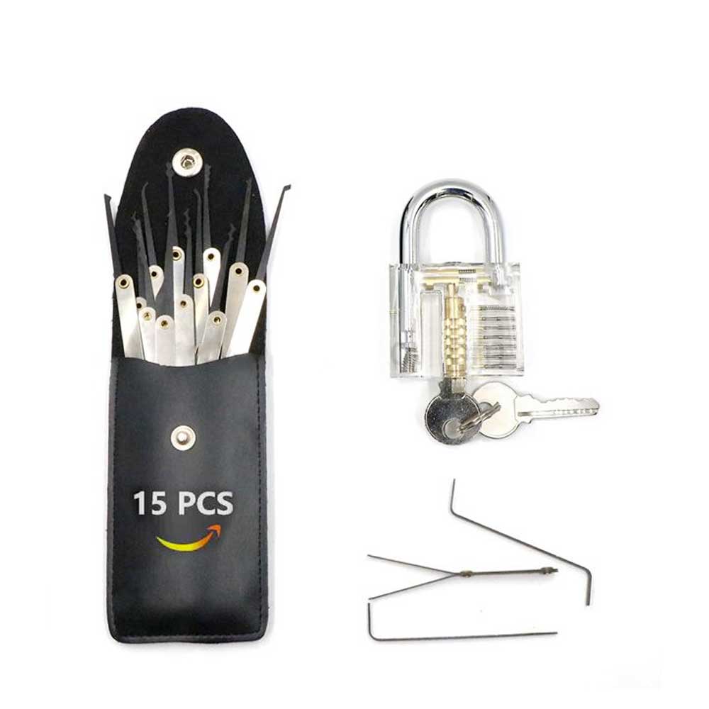 Lock Pick Set 15 in One Professional Unlocking Lock Smith Training Tools with One Transparent Padlock