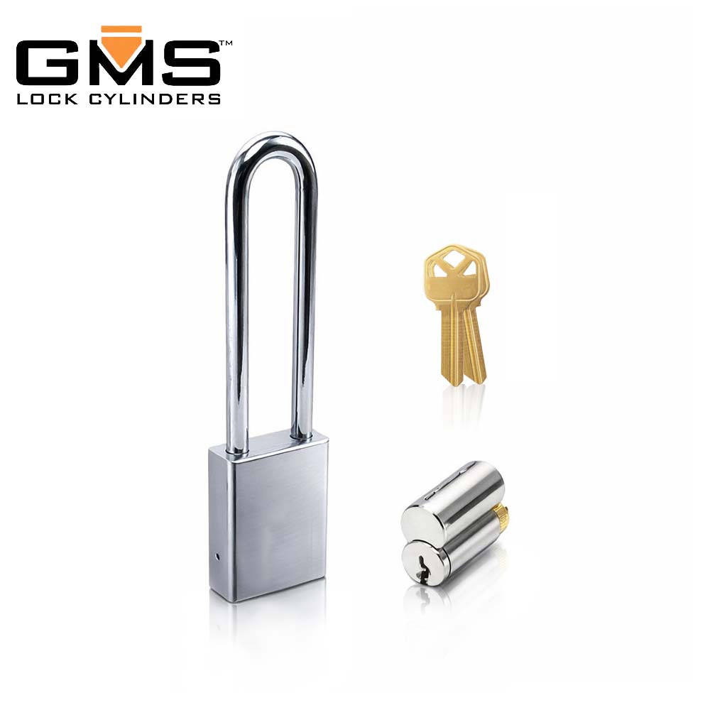 GMS P175 Standard Padlock w/ Rekeyable Cylinder - 1-3/4 Body - 4 Shackle Length - Kwikset - KW1 Keyway - US26D Satin Chrome - OB Keying