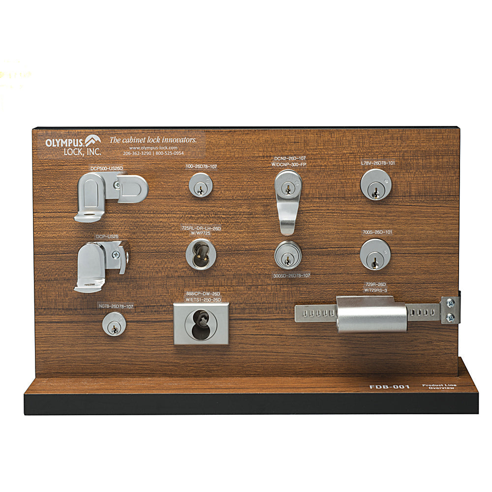 OLYMPUS LOCK - Display Board - Includes Large Pin, Small Pin, Interchangeable Core and Padlockable Cam Lock