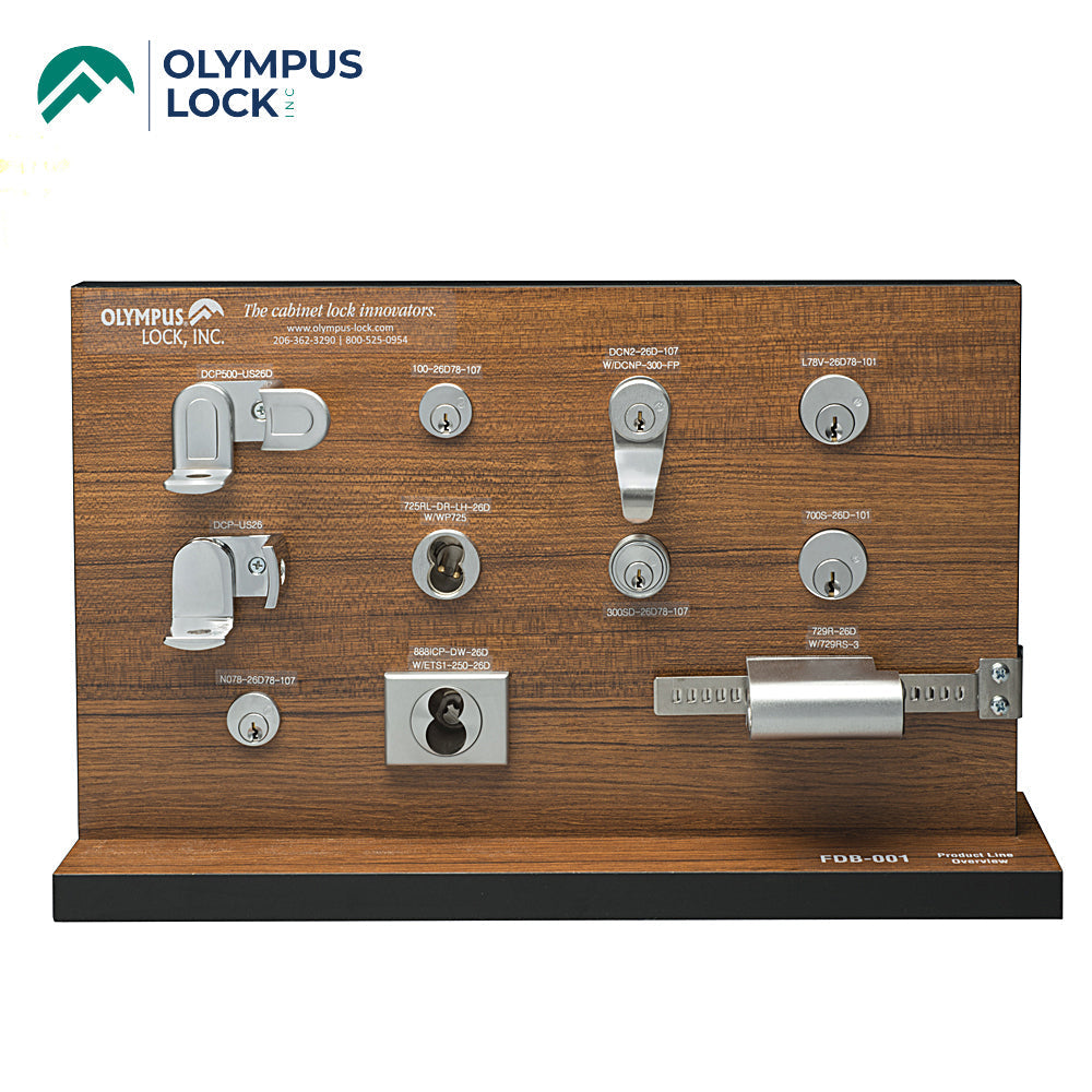 OLYMPUS LOCK - Display Board - Includes Large Pin, Small Pin, Interchangeable Core and Padlockable Cam Lock