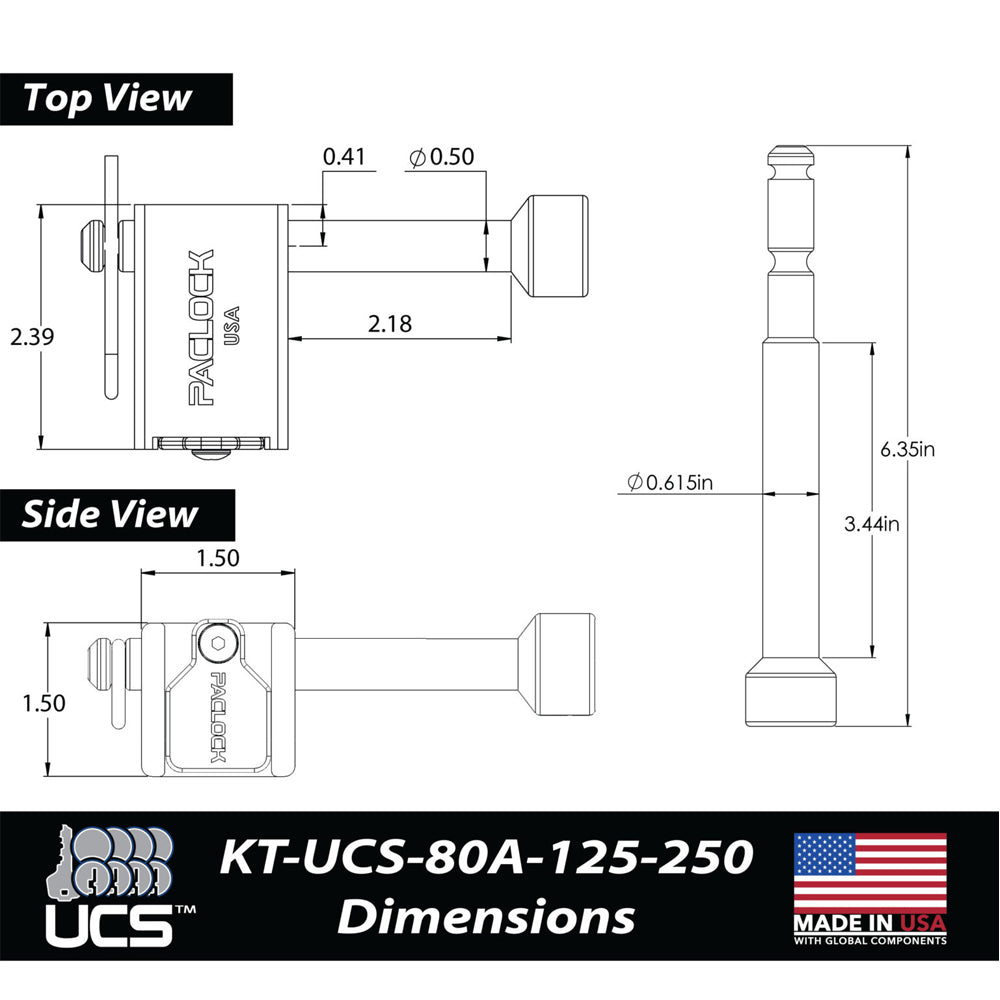 PACLOCK KT-UCS-80A-125-250 Series Locking Hitch Pin Kit for 1-1/4" and 2", 2.5", 3" Receivers