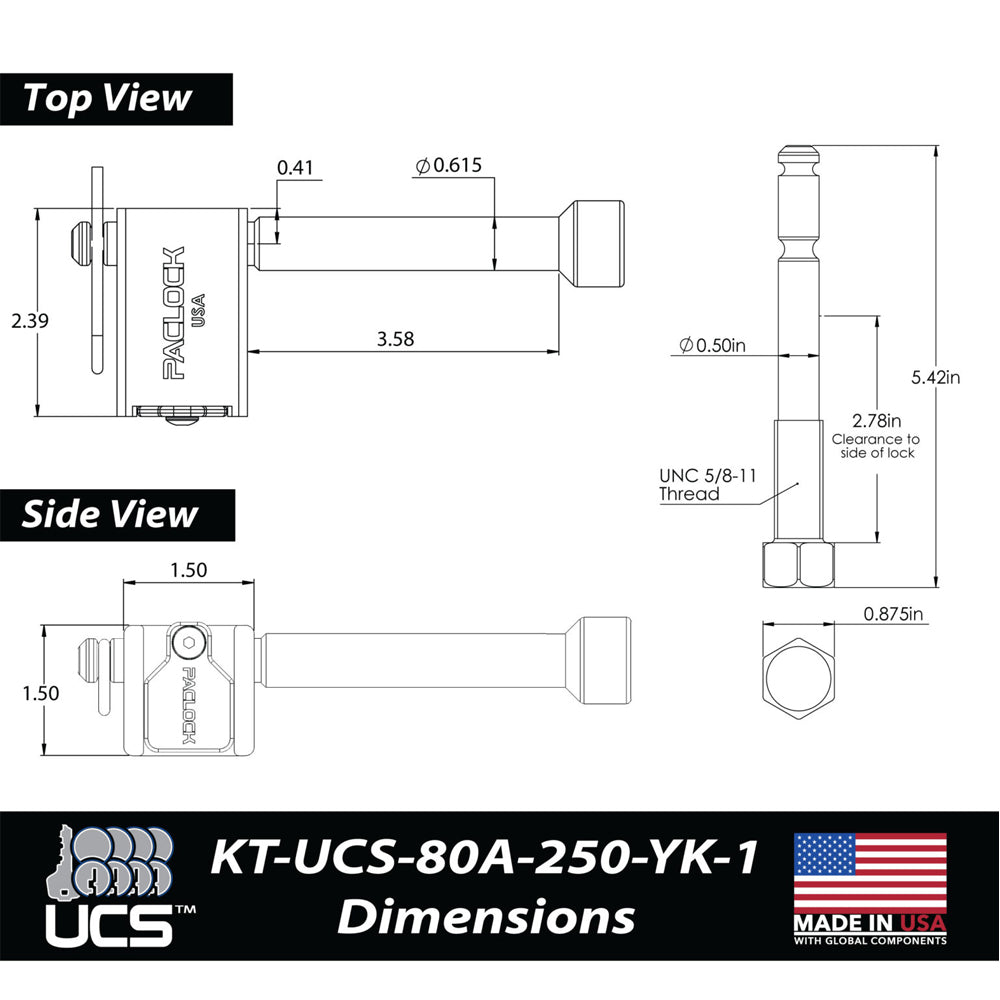 PACLOCK KT-UCS-80A-250-YK-1 Series Locking Hitch Pin Kit for 2", 2.5", 3" and Yakima Bike Racks
