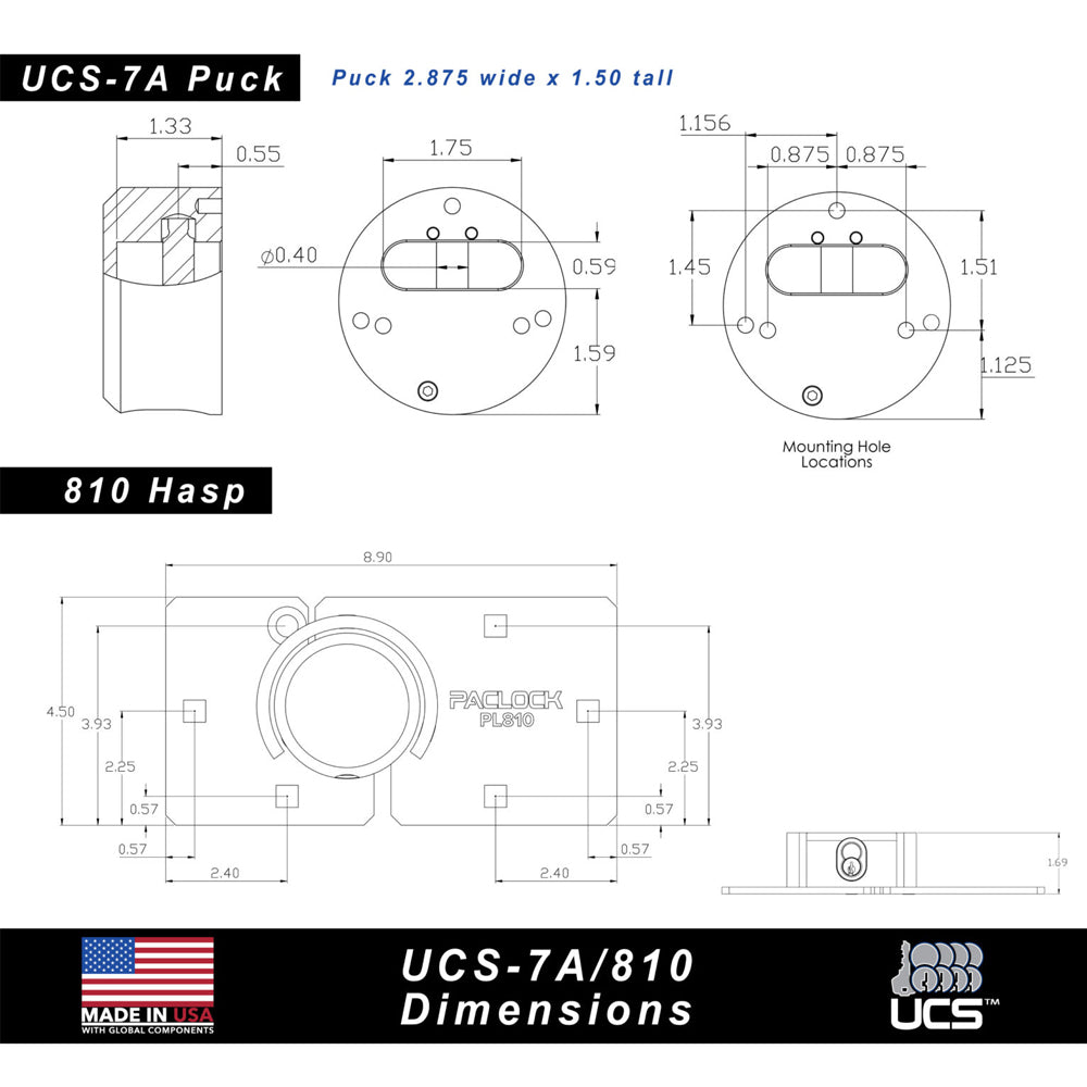 PACLOCK UCS-7A/810 Series Hidden-Shackle Aluminum Flat Back Hockey-Puck and Hasp Combo Kit