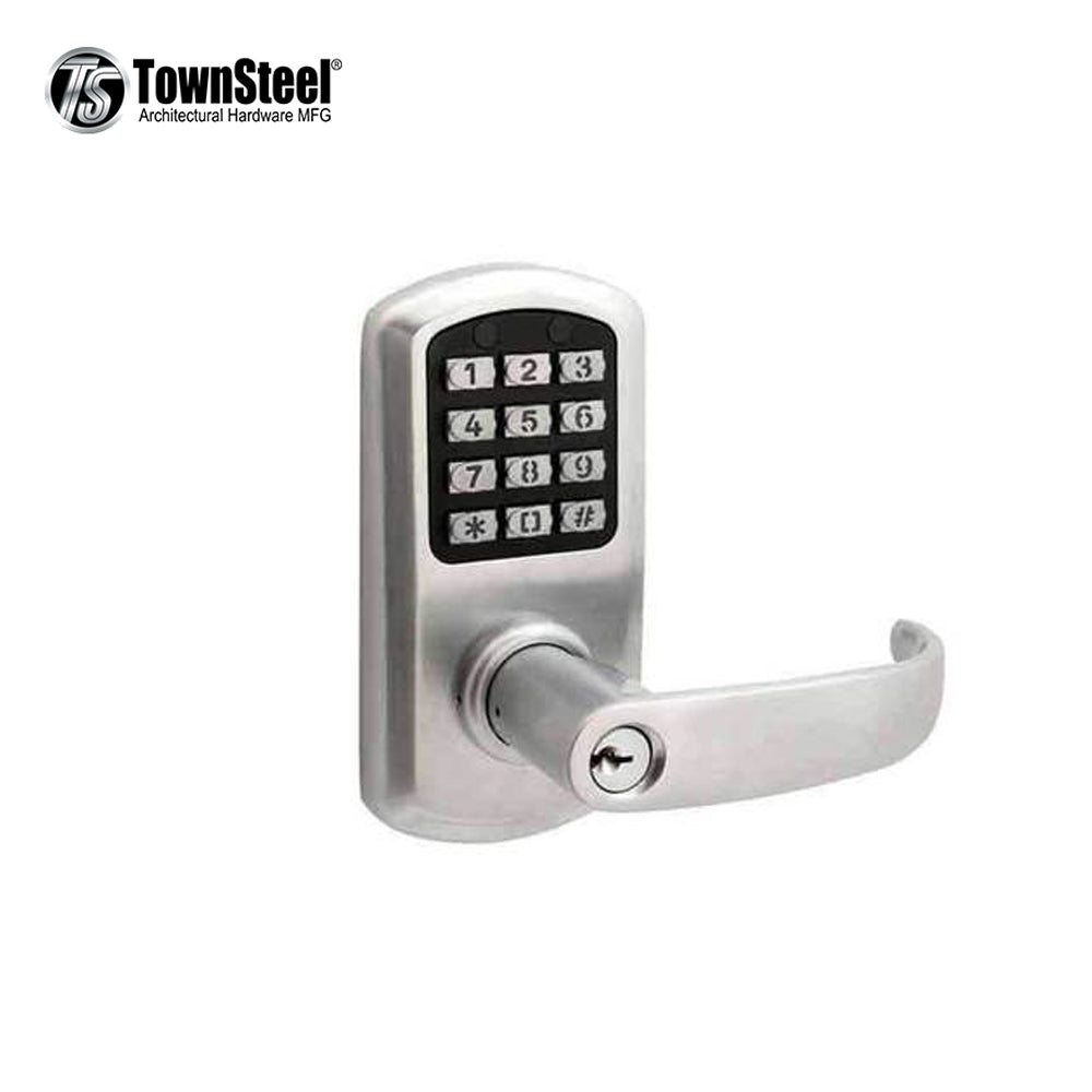 TownSteel - e-Elite 2010 - Electronic Push Button Lever Set - 2-3/4" Backset - Rigid Lever Set - Satin Chrome - Key Override - Grade 1
