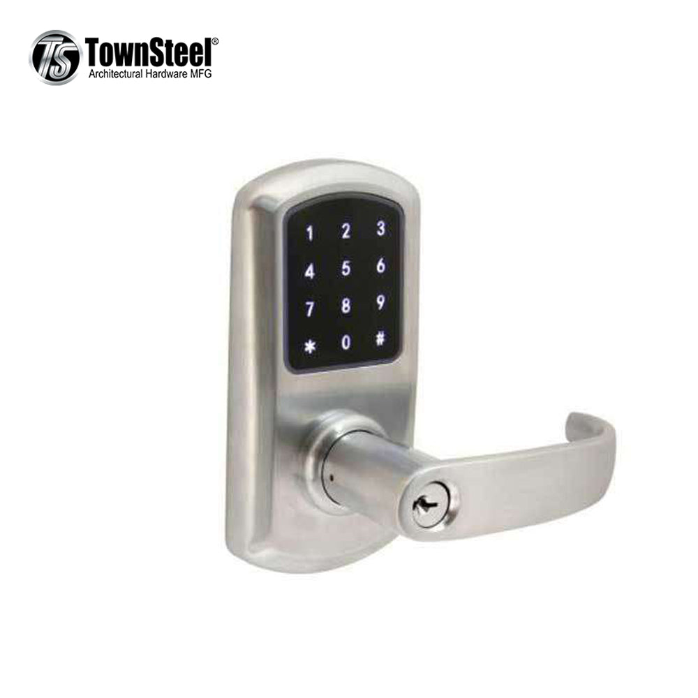 TownSteel - e-Elite 4000 Series - Electronic Push Button Lever Set - RFID - 2-3/4" Backset - Rigid Lever Set - Satin Chrome - Key Override - Grade 1