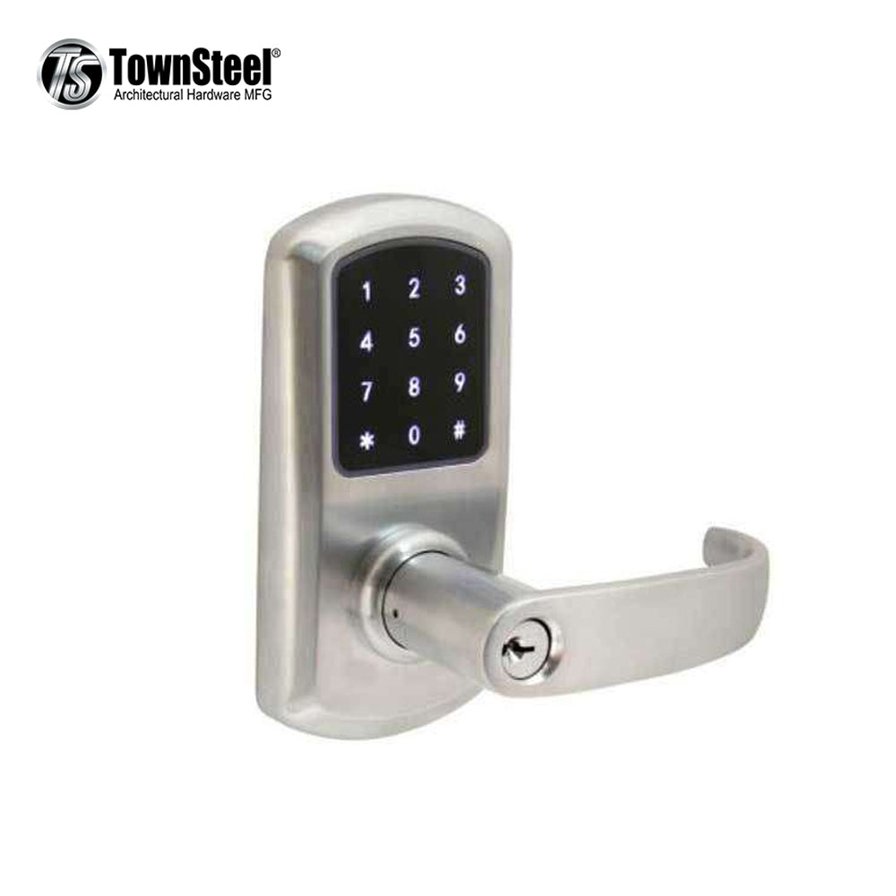TownSteel - e-Elite 5000 Series - Electronic Push Button Lever Set - WiFi - 2-3/4 Backset - Rigid Lever Set - Satin Chrome - Key Override - Grade 1