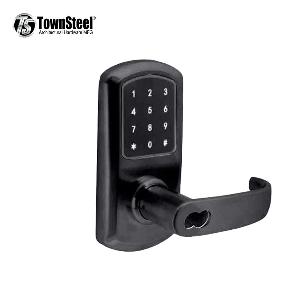 TownSteel - e-Elite 4000 Series - EE41T-SRH-622-SFIC - Electronic Push Button Lever Set - RFID - IC Core (SFIC) - 2-3/4" Backset - Rigid Lever Set - Flat Black - Key Override - Grade 1