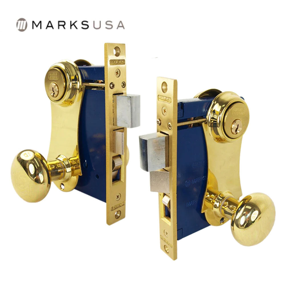 Marks USA - 21AC - Ornamental Iron Unilock Entrance Knob Mortise Lockset - Backset 2-1/2 Inch - 5 Pin - Double Cylinder - Bright Brass