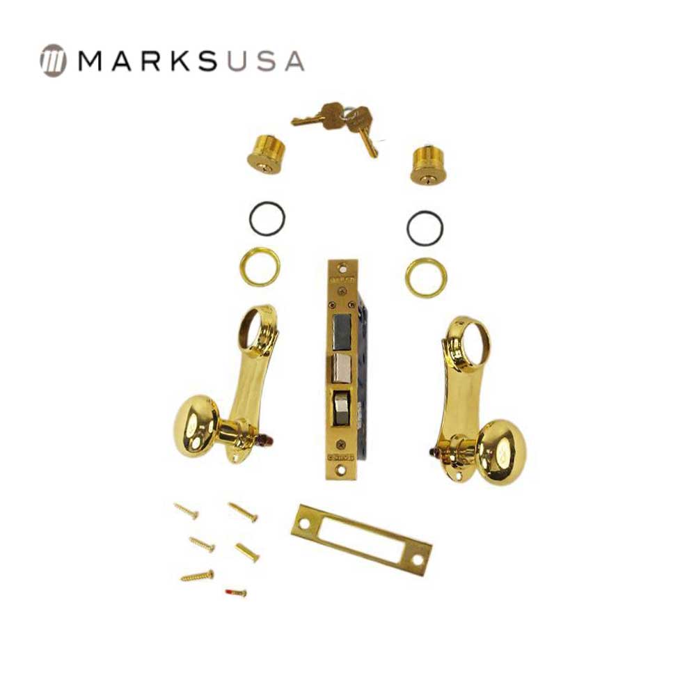Marks USA - 21AC - Ornamental Iron Unilock Entrance Knob Mortise Lockset - Backset 2-1/2 Inch - 5 Pin - Double Cylinder - Bright Brass