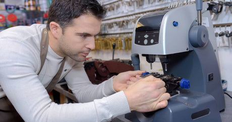A locksmith uses a key cutting machine to create a duplicate key. There are rows of keys hanging on the back wall.