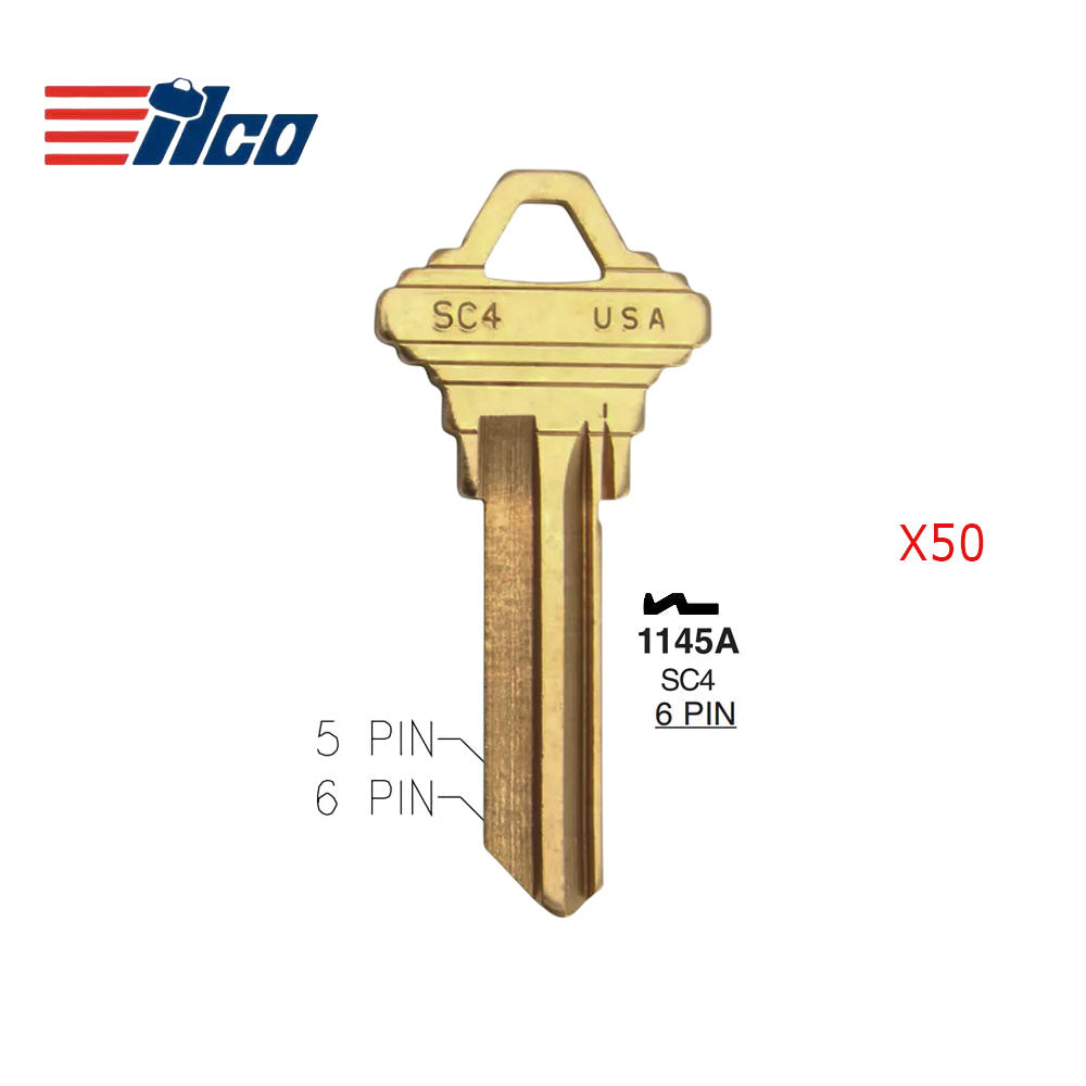 A1145E 6-Pin Schlage Key Blank - Brass - SLG-4E-BR  / SC4 BR (Packs of 50)