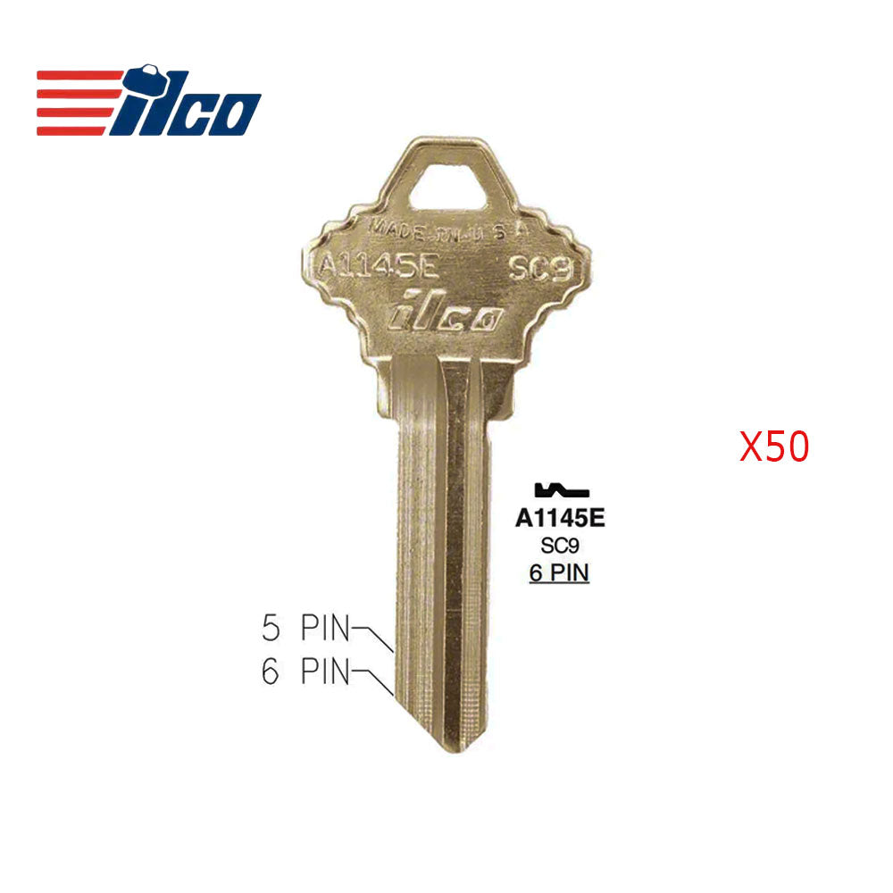 A1145E 6-Pin Schlage Key Blank - Brass - SLG-5E / SC9 BR (Packs of 50)