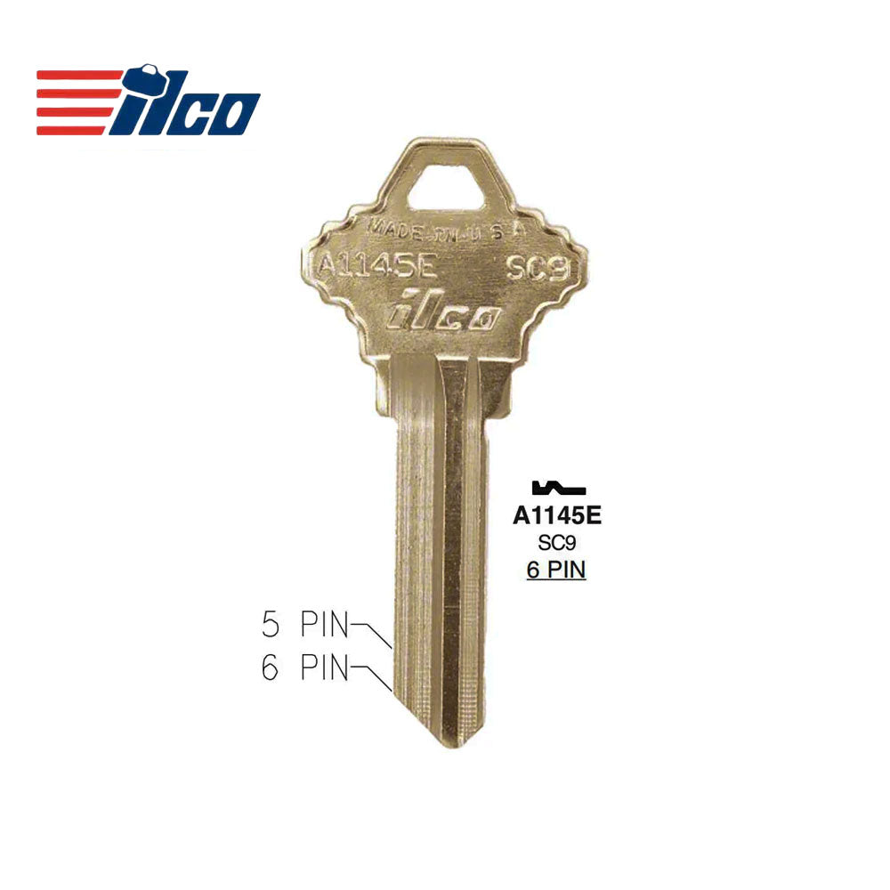 A1145E 6-Pin Schlage Key Blank - Brass - SLG-5E / SC9 BR
