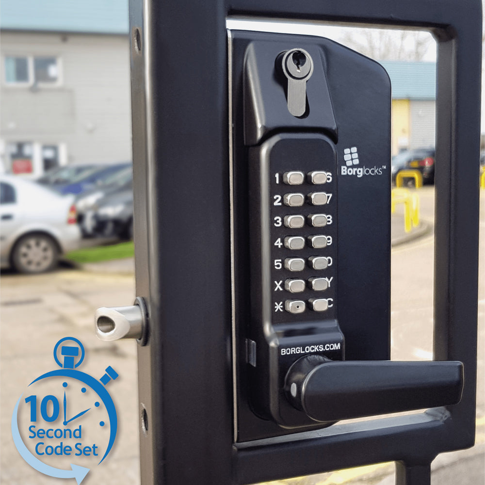 BorgLocks BL3400-ECP Metal Gate Lock with Free Turning Lever ECP Keypad, 2-9/16" - 3-1/8" Latchbolt and Inside Holdback Lever Handle