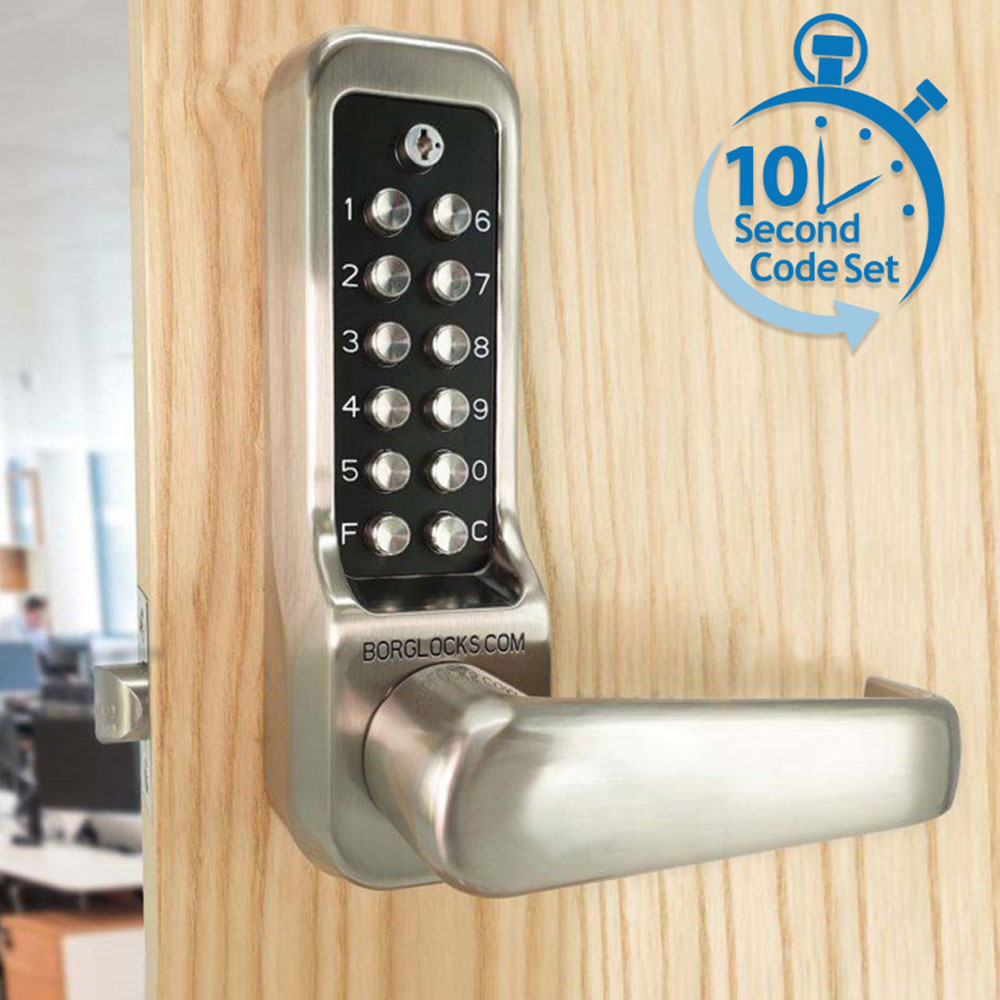 BorgLocks BL7001 ECP Heavy Duty Lever Turn Keypad with Internal Handle - Tubular Latch and On-Door Code Change - Satin Chrome