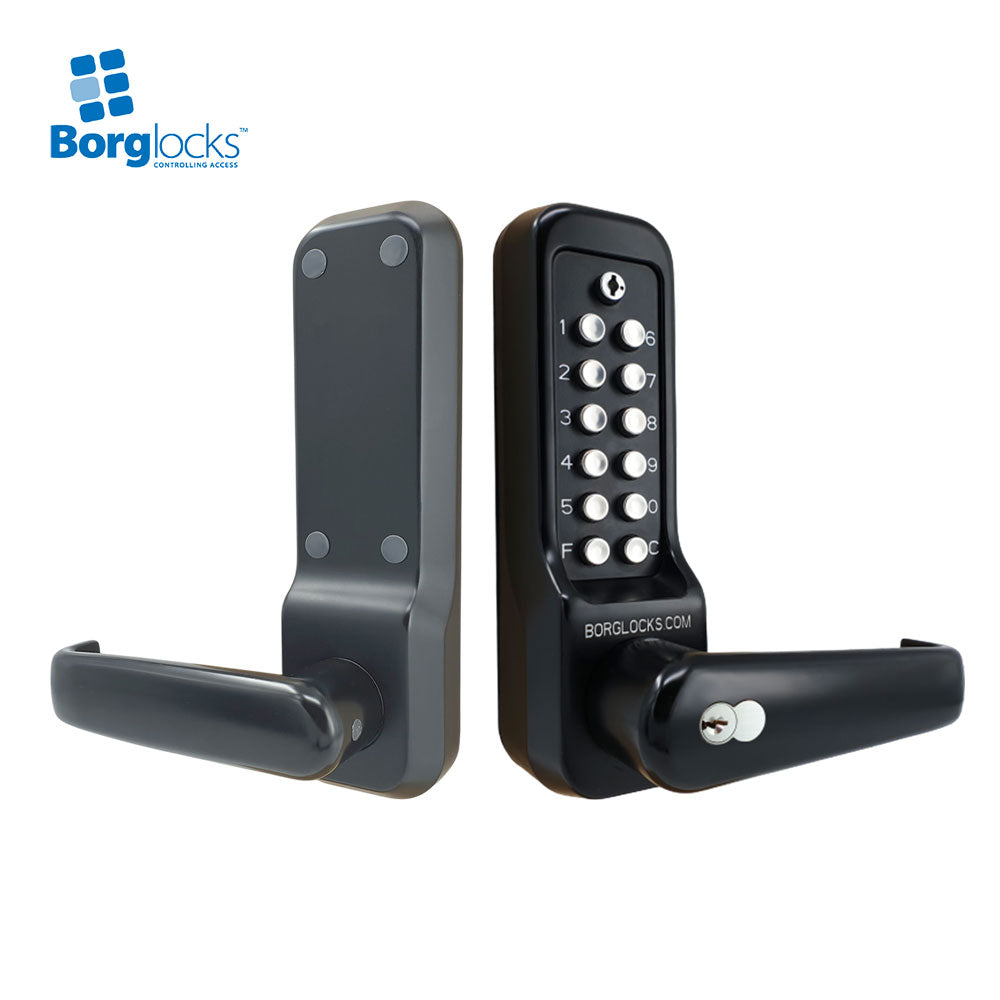 BorgLocks BL7701 MG Pro ECP External Heavy Duty Lever Keypad with Tubular Latch - Key Override and On-Door Code Change - Black Marine Grade Finish