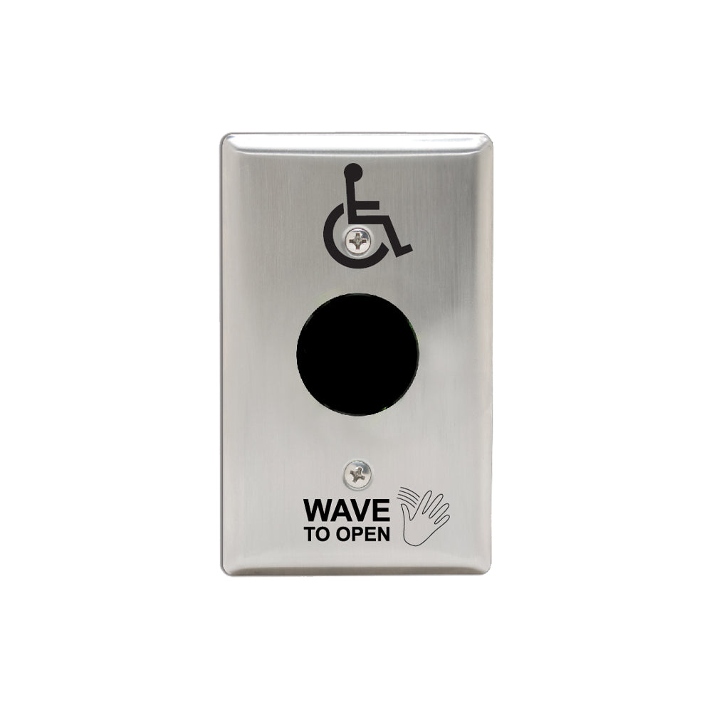 Camden - CM-336/42-S - SureWave Battery Powered Wireless Touchless Switch - Wheelchair Icon - Wave to Open with Hand Icon - Stainless Steel Faceplate