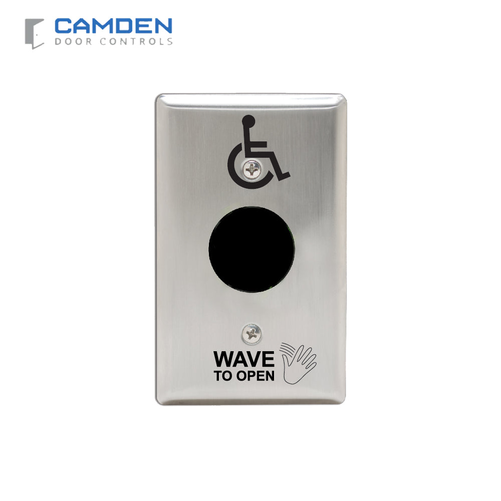 Camden - CM-336/42-S - SureWave Battery Powered Wireless Touchless Switch - Wheelchair Icon - Wave to Open with Hand Icon - Stainless Steel Faceplate